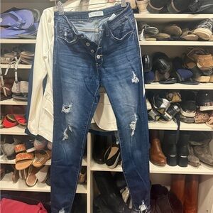 KanCan Dark Blue Distressed Button-Fly Skinny Jeans